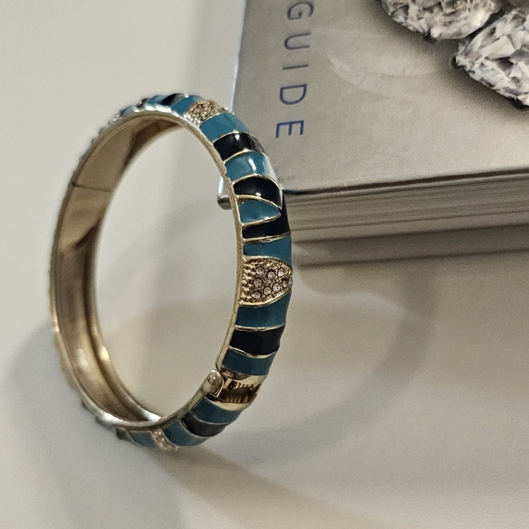 Vintage Gold Tone Sequin Enamel & Rhinestone Cuff Clamper Bracelet. - Picture 4 of 14